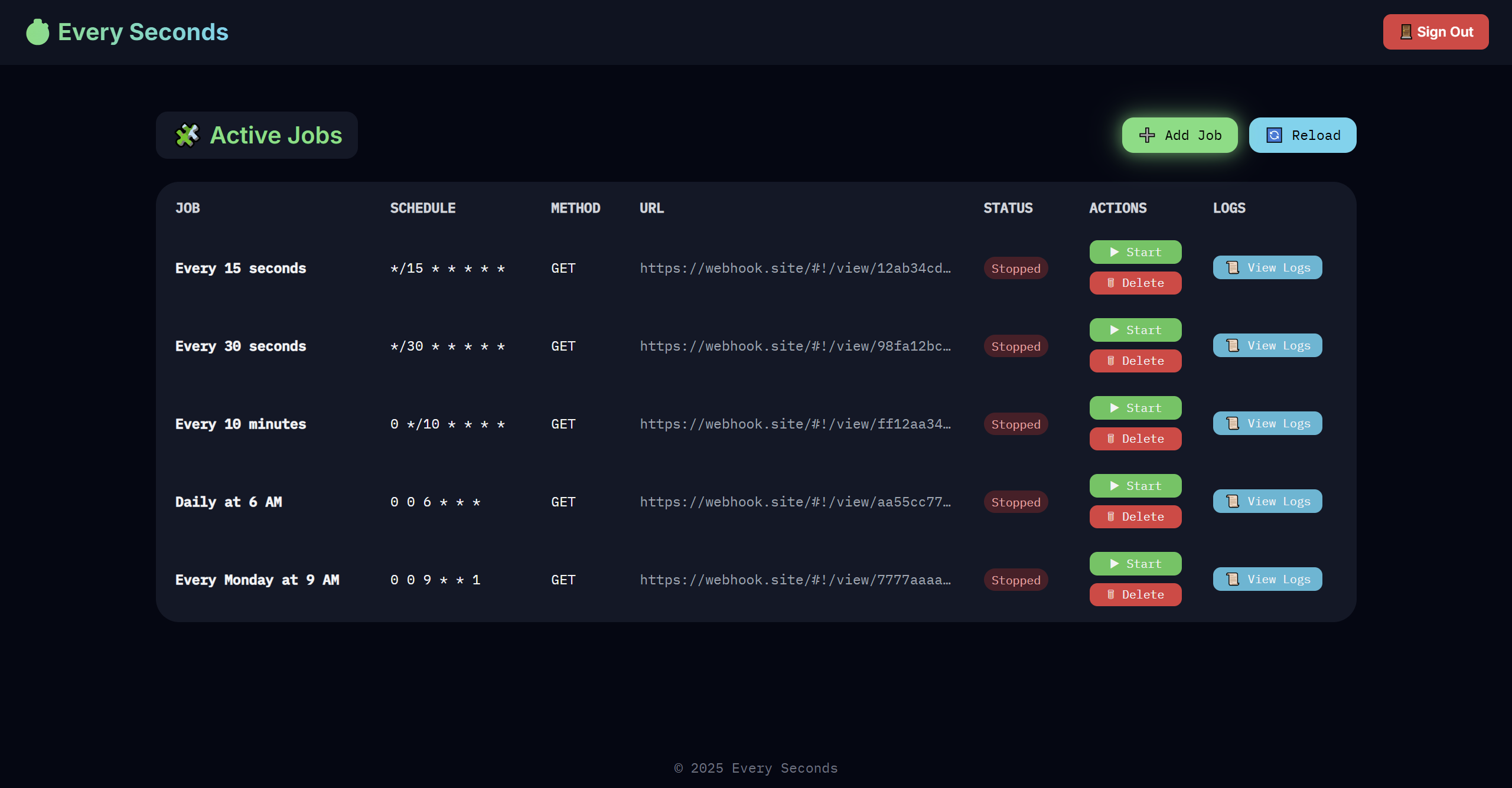 Every Seconds dashboard desktop preview